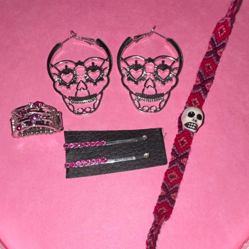 Silver Skull Earrings Pink Accessories Set Ring Bracelet Rhinestone Bobby Pins